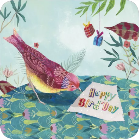 BAR 157 Carte bords arrondis 14x14 Izou "Happy bird'day"