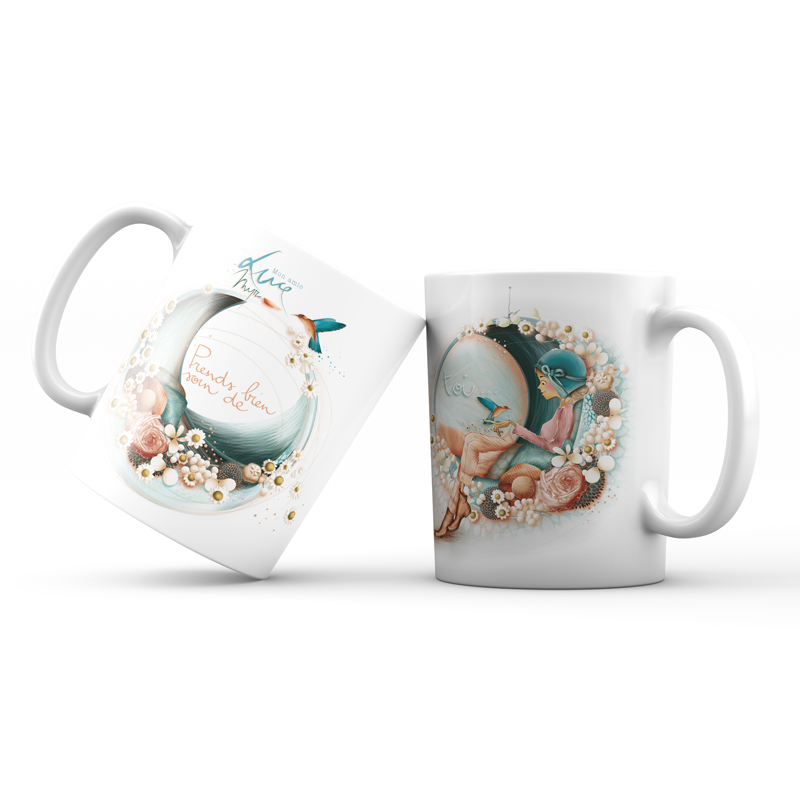 Mug 960 en céramique BRILLANT  – Émail blanc 250 ml Mon Amie Luce "Prends bien soin de toi"