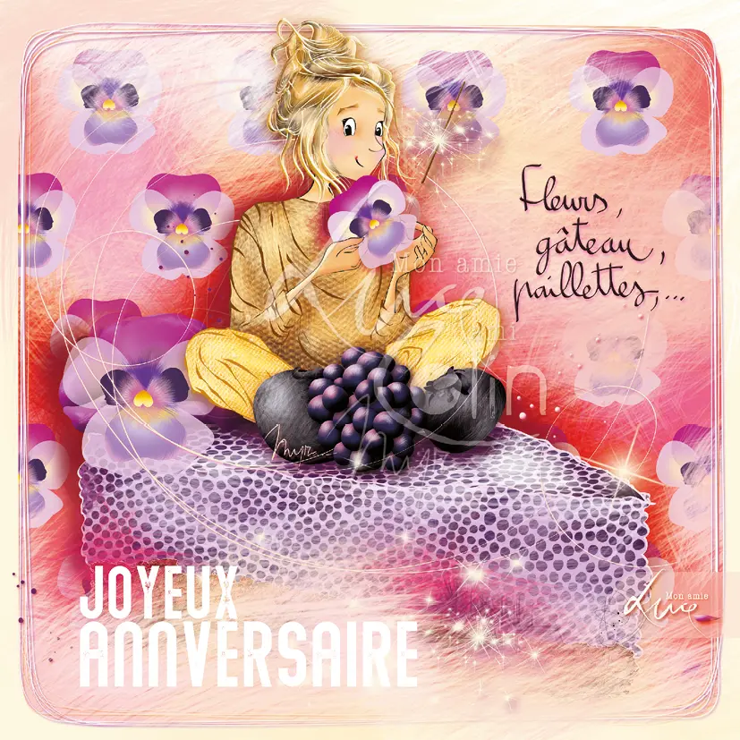 CS 1237 - Carte Mon Amie Luce "Fleurs, gâteau, paillettes, joyeux anniversaire"