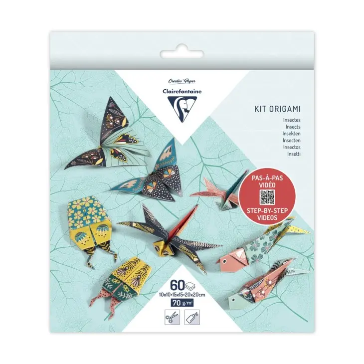 KIT ORIGAMI, pochette de 60 feuilles 10x10cm - 15x15cm - 20x20cm 70g, Décor Insectes