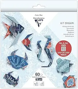 KIT ORIGAMI, pochette de 60 feuilles 10x10cm - 15x15cm - 20x20cm 70g, Décor Faune marine