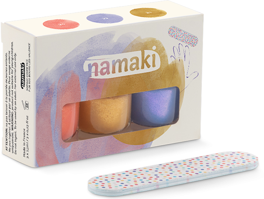 Coffret 3 vernis - Soleil couchant Corail - Bleu lavande- Or 
