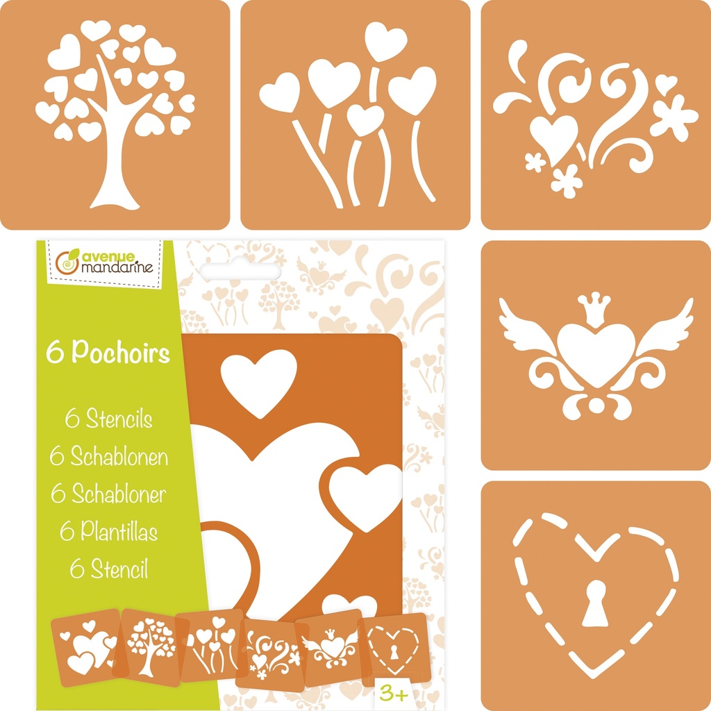 Set de 6 pochoirs enfants, Cœurs