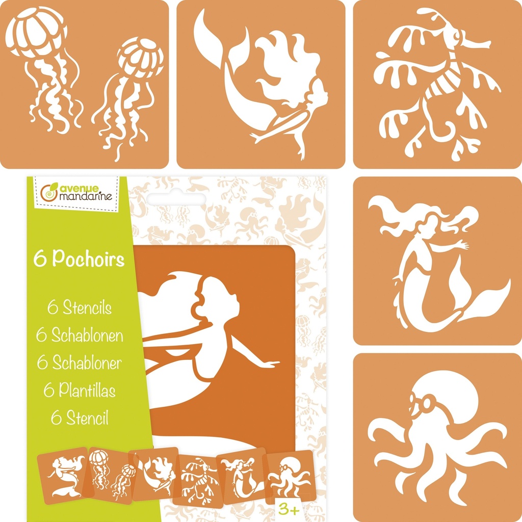 Set de 6 pochoirs enfants, Sirènes et créatures marines