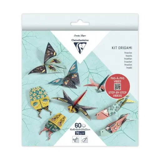 [95366C] KIT ORIGAMI, pochette de 60 feuilles 10x10cm - 15x15cm - 20x20cm 70g, Décor Insectes