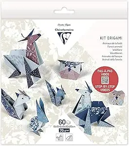 [95368C] KIT ORIGAMI, pochette de 60 feuilles 10x10cm - 15x15cm - 20x20cm 70g, Décor Animaux 