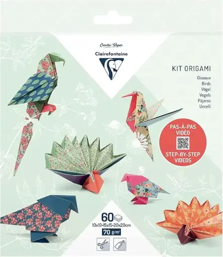 [95382C] KIT ORIGAMI, pochette de 60 feuilles 10x10cm - 15x15cm - 20x20cm 70g, Décor Oiseaux