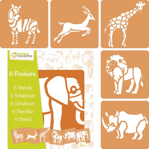 [42442MD] Set de 6 pochoirs enfants, Animaux de la savane