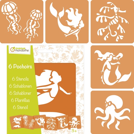[PO010C] Set de 6 pochoirs enfants, Sirènes et créatures marines